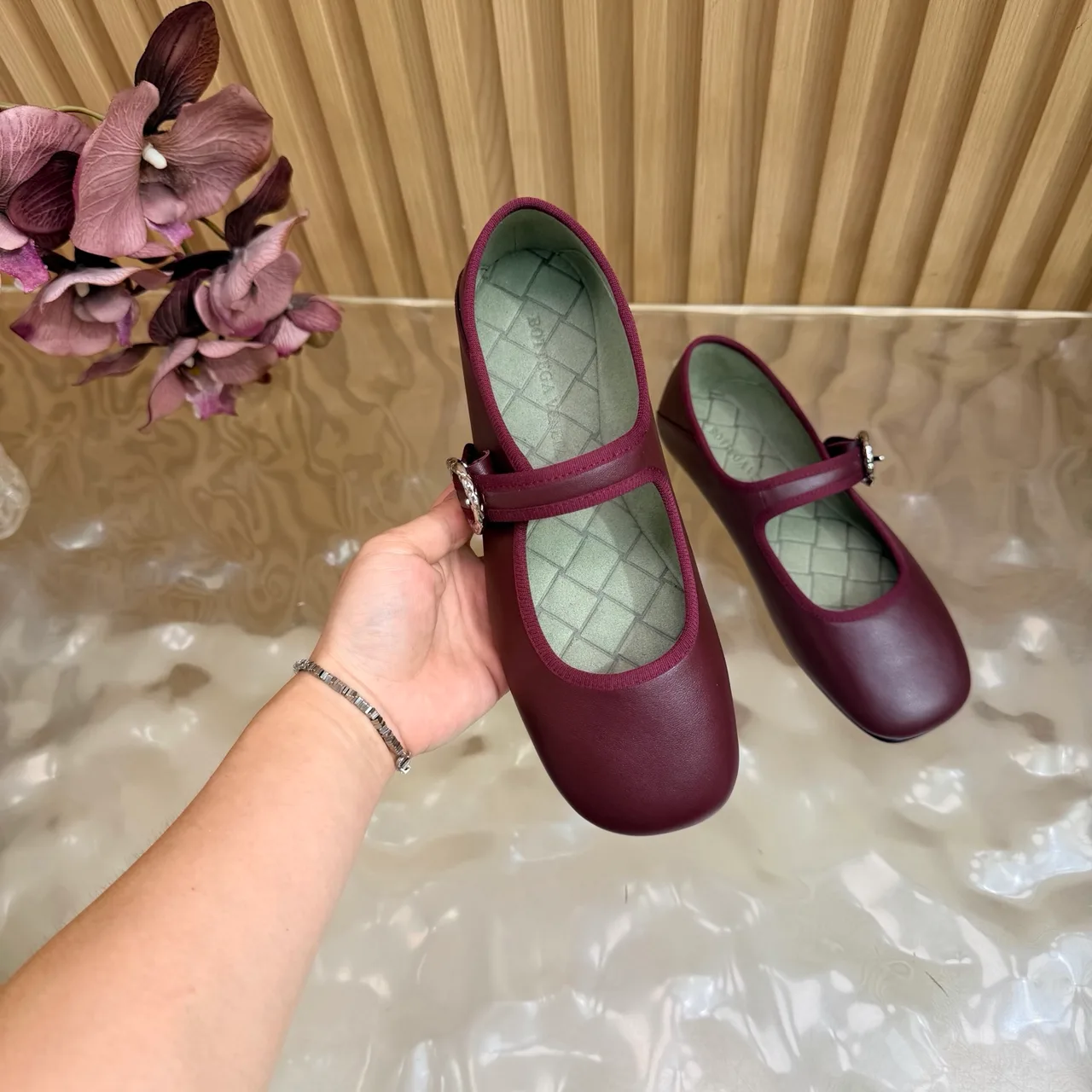 Bottega Veneta Sheepskin Quilted Glossy Buckle Mary Jane Flats in Burgundy · view 6