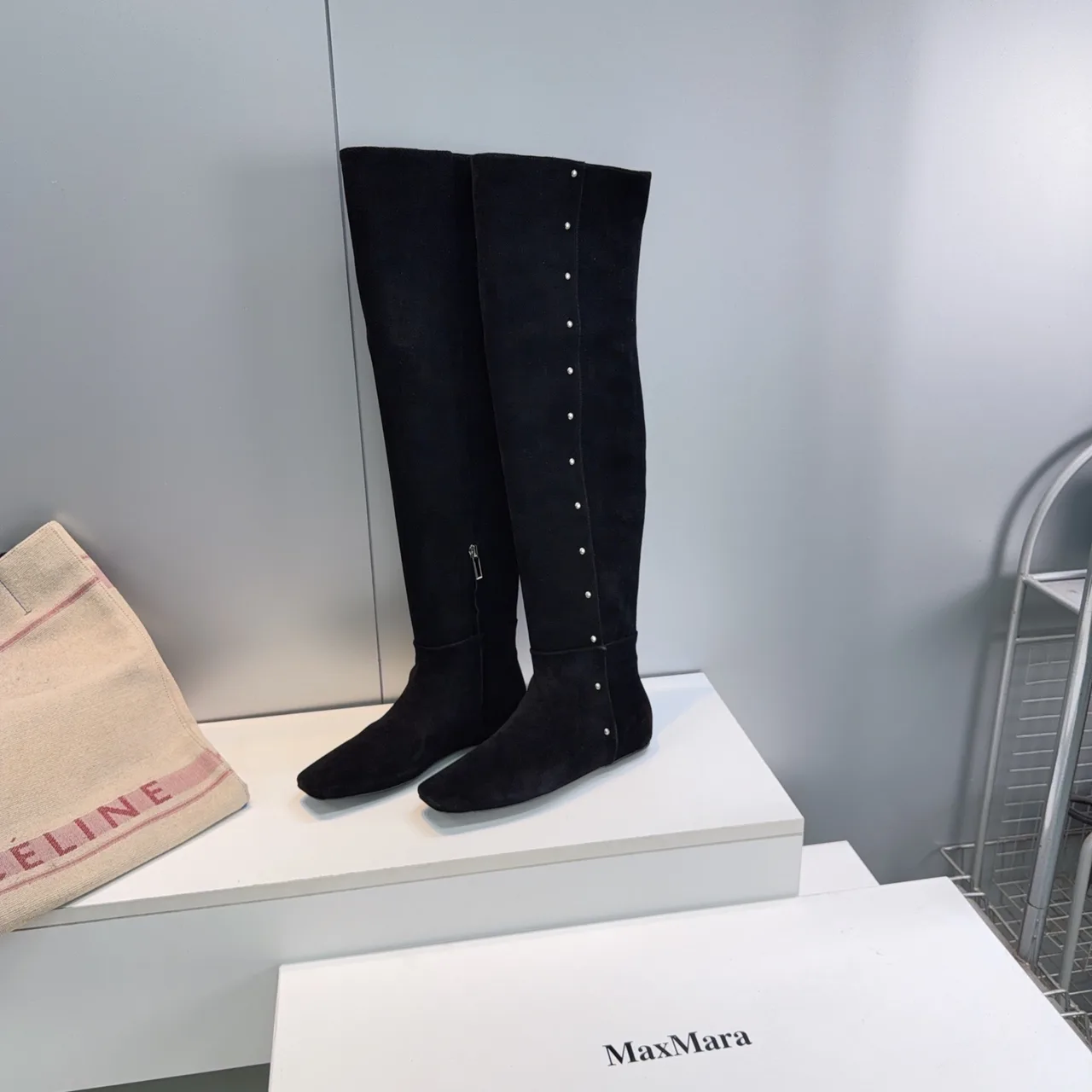 Max Mara Glossy Suede-Look Pointed-Toe Knee-High Boots in Black · view 8