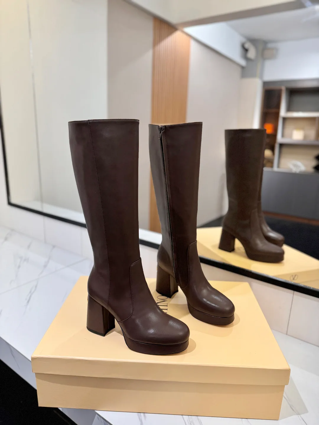 Valentino Cowhide Glossy Round-Toe Knee-High Boots in Brown · view 1