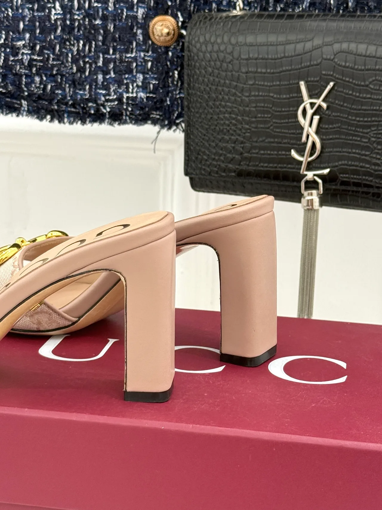 Gucci Canvas Denim Buckle Heeled Mules in Beige · view 6