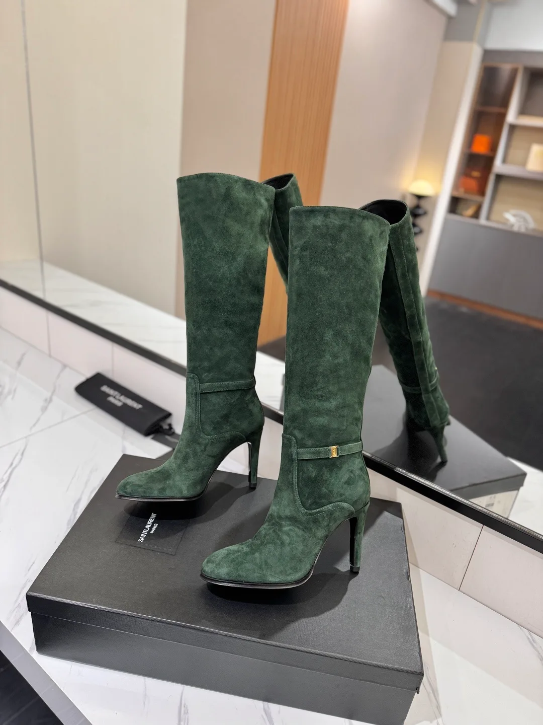 Saint Laurent Cowhide Sheepskin Suede-Look Pointed-Toe Buckle Boots in Green · view 4