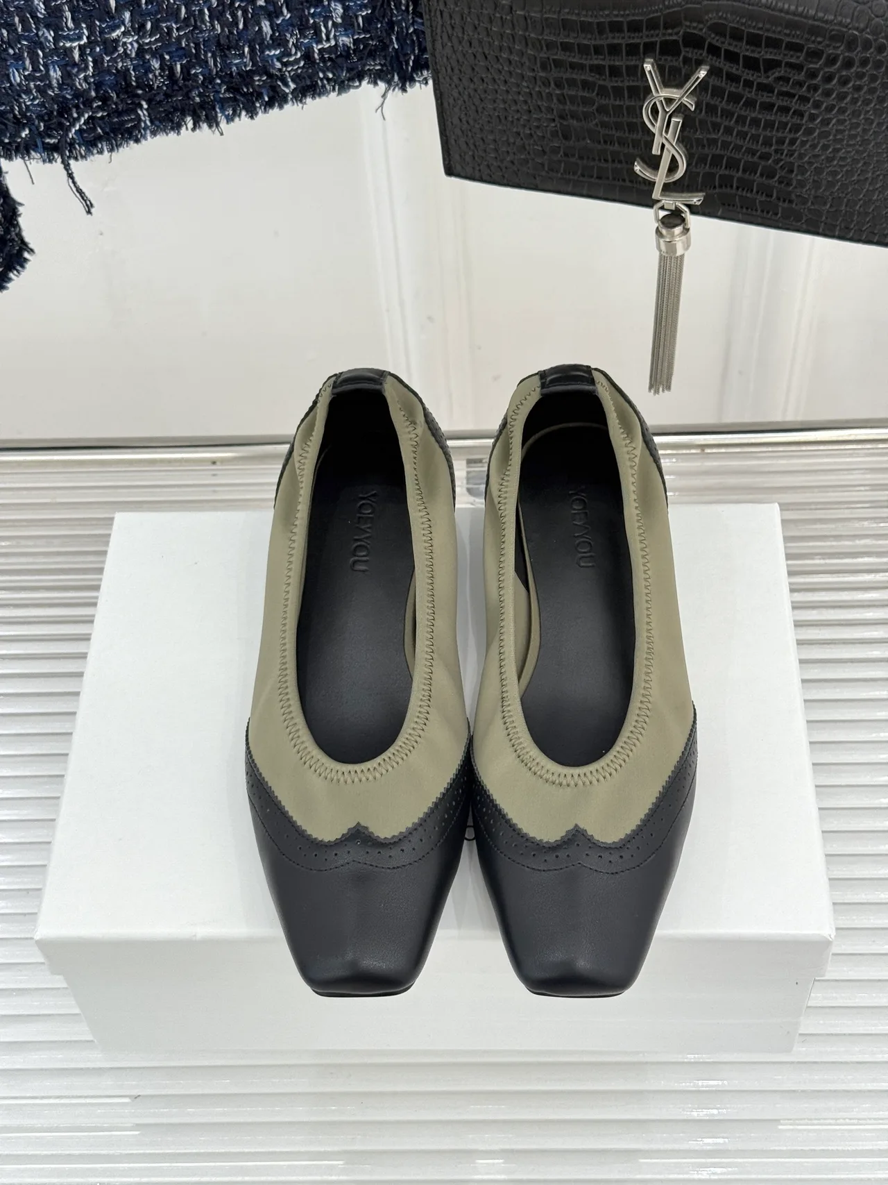 YOEYYOU Lambskin Denim Square-Toe Block-Heel Shoes in Black · view 4