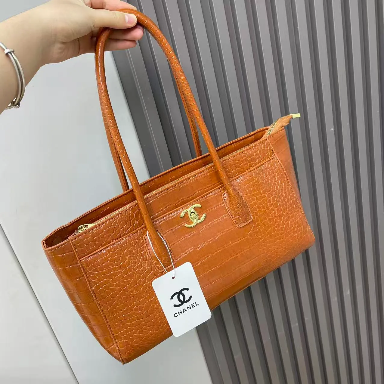 Chanel Croc-Texture Tote in Brown & White & Burgundy & Black · view 1