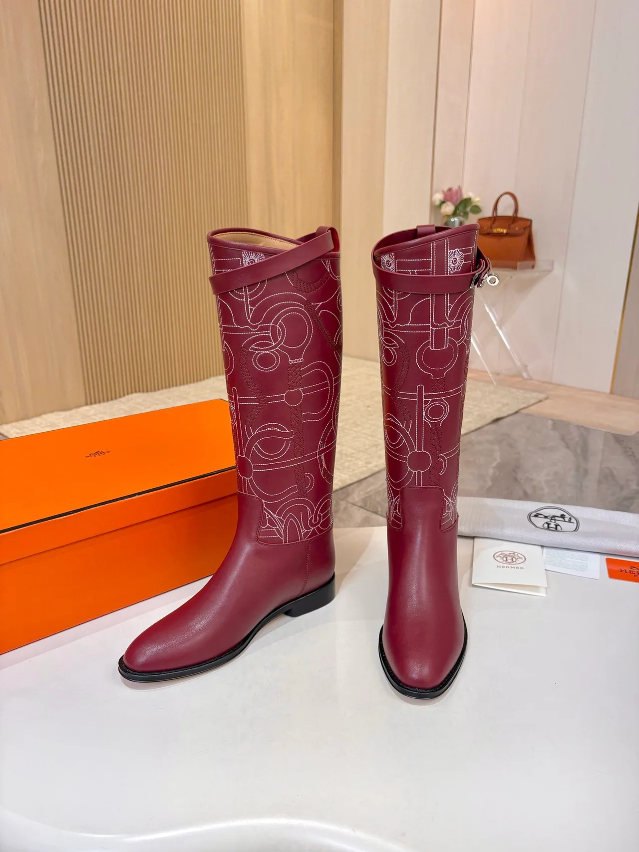 Hermes Cowhide Glossy Pointed-Toe Boots in Burgundy · view 4