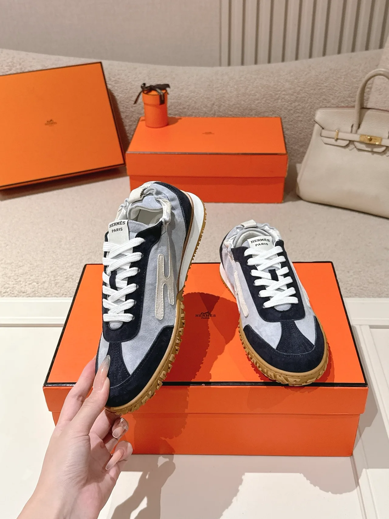 Hermes Sheepskin Suede Sneakers in Blue · view 4