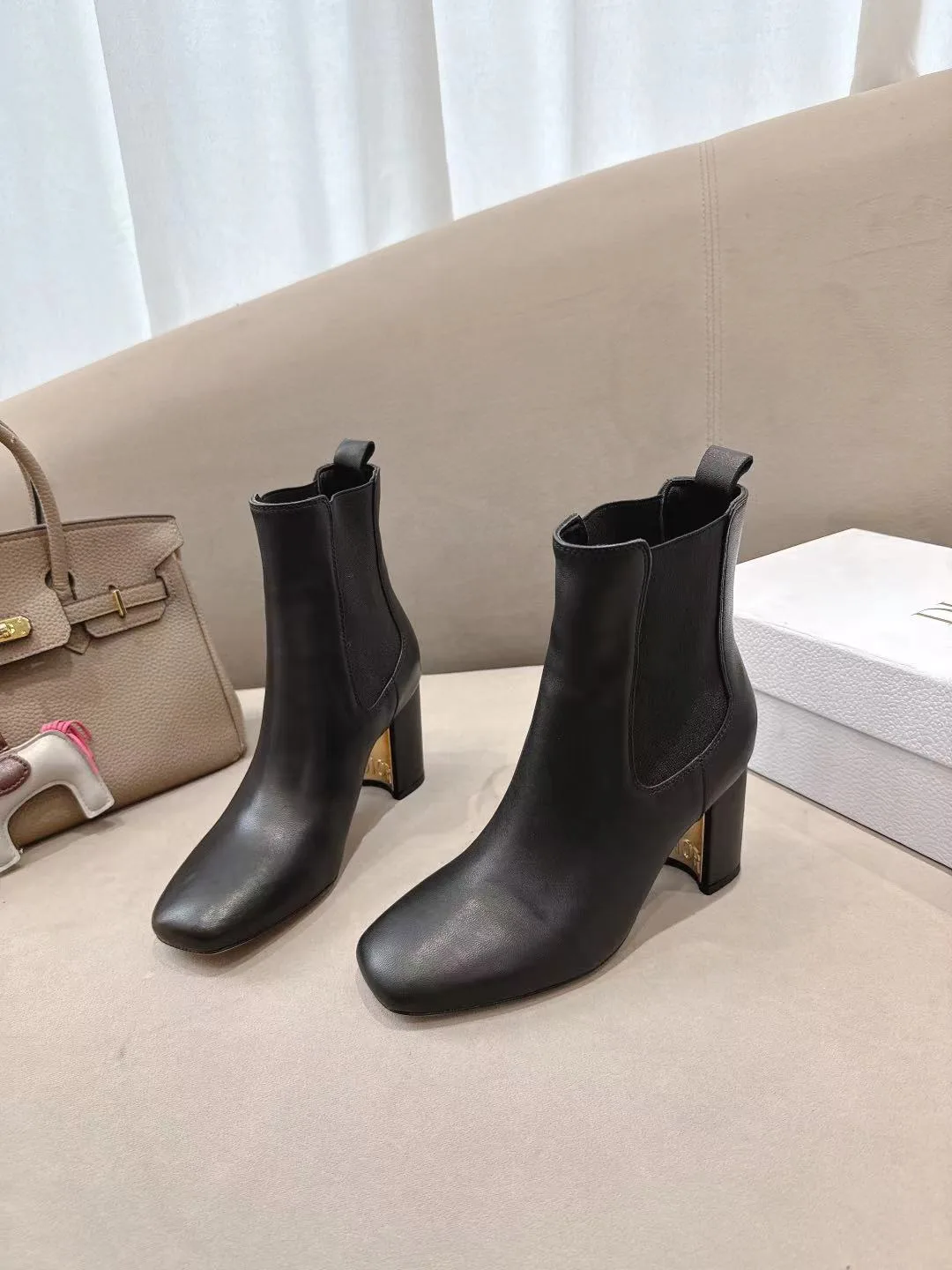 Dior Glossy Square-Toe Ankle Boots in Black · view 3