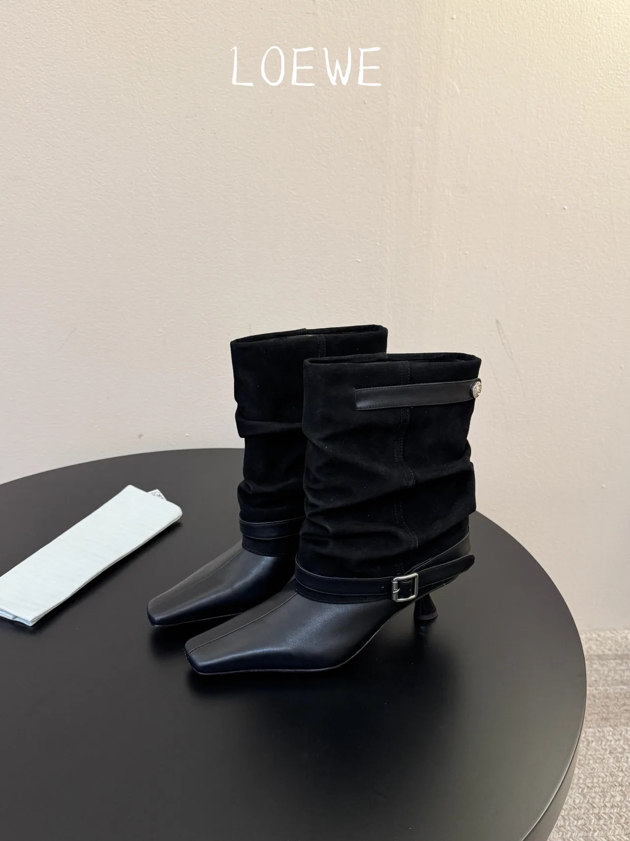 Loewe Cowhide Square-Toe Buckle Ankle Boots in Black · view 3