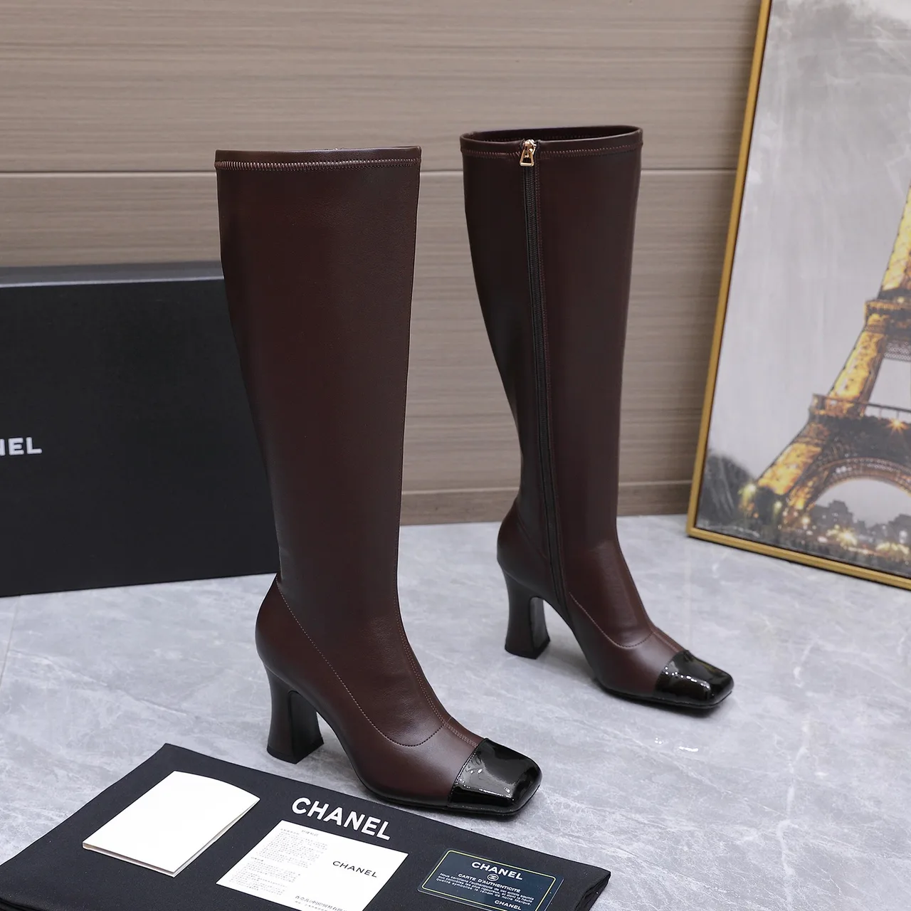 Chanel Cowhide Glossy Square-Toe Knee-High Boots in Brown · view 5