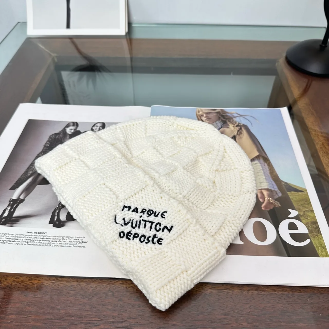 Louis Vuitton Cable-Knit Beanie in Cream & Black · view 3