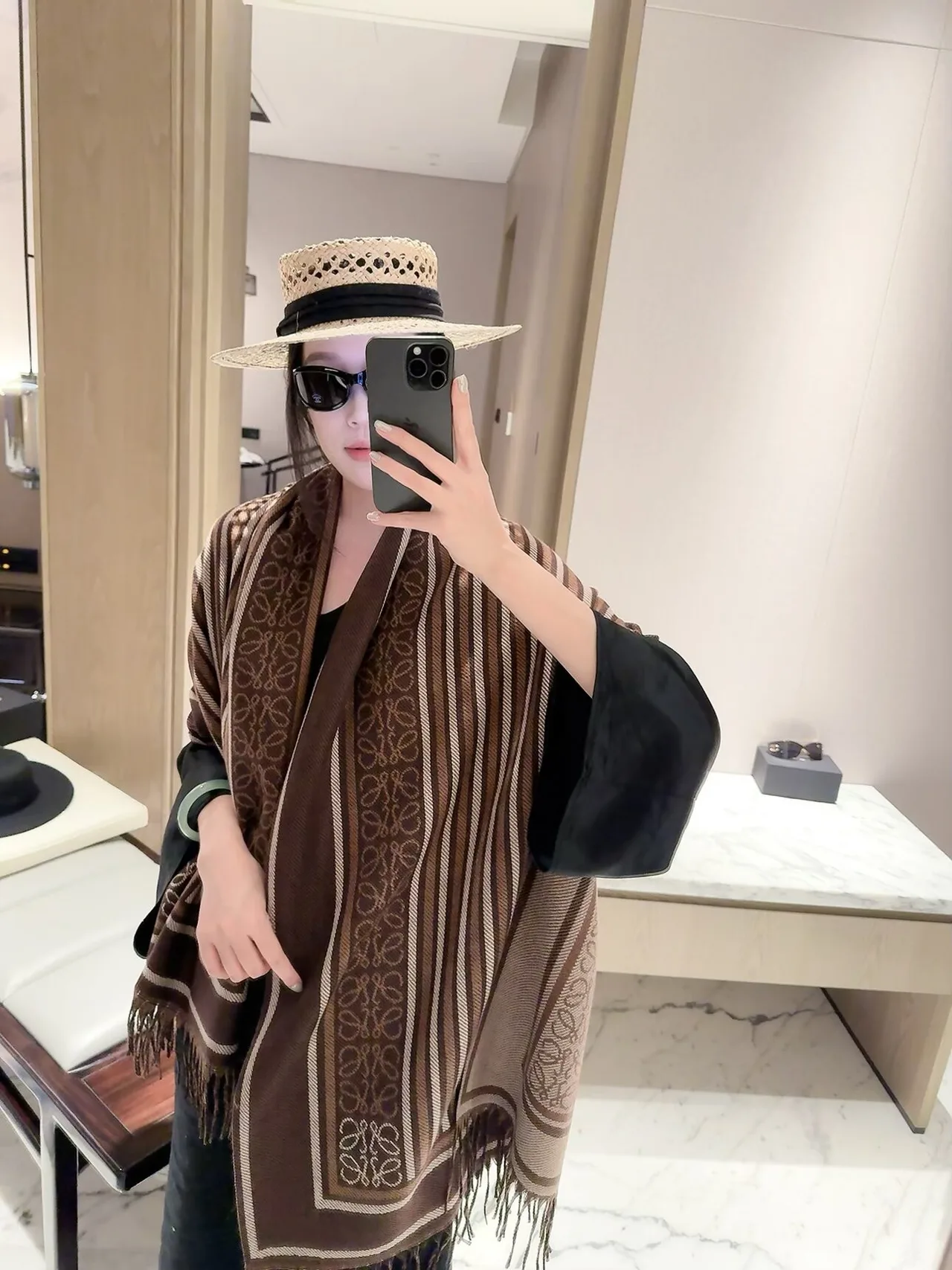 Loewe Striped Anagram fringed scarf in Beige & Brown · view 5