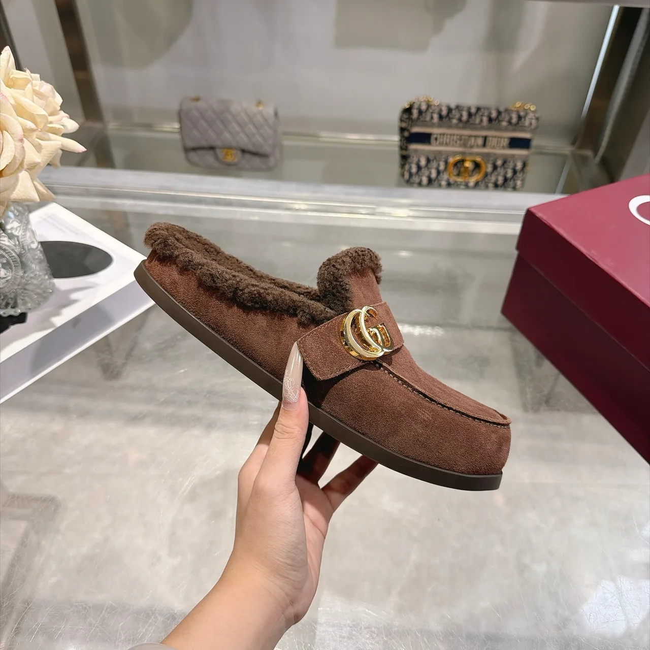 Gucci Cowhide Wool Suede-Look Buckle Mules in Brown · view 6