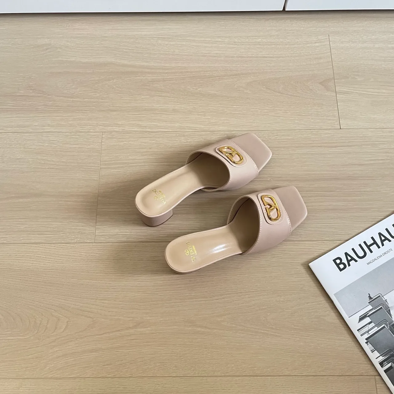 Valentino Sheepskin Square-Toe Mules in Beige · view 5