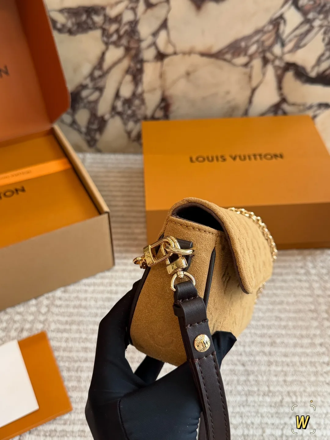 Louis Vuitton Suede Monogram Clutch in Tan · view 3