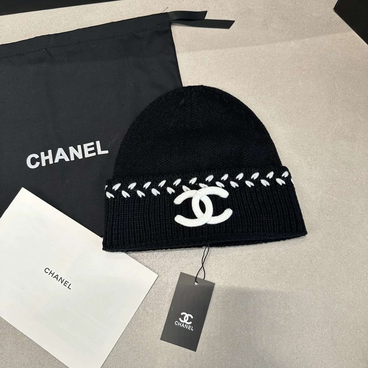 Chanel Beanie in White & Black & Red · view 2