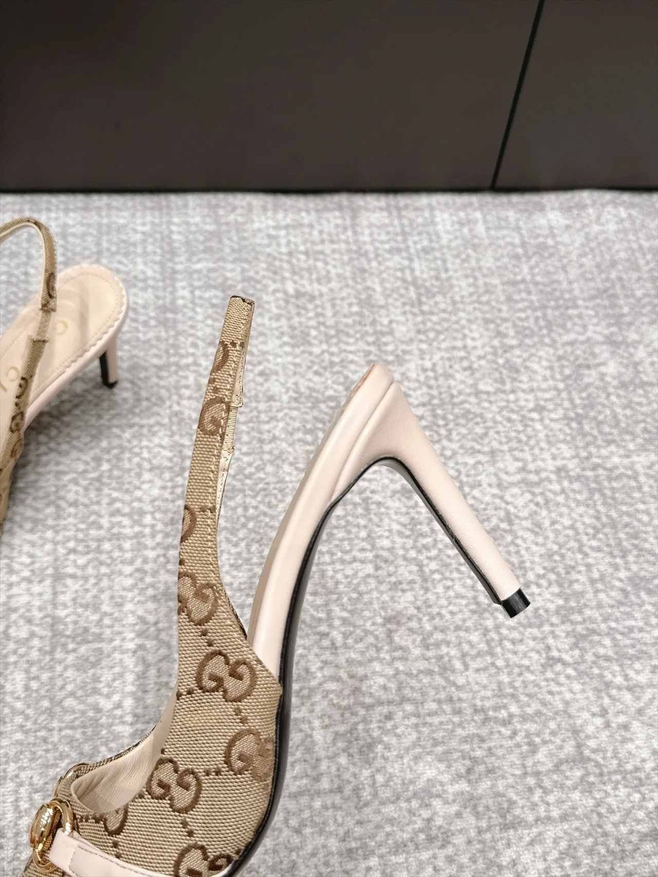 Gucci Glossy Pointed-Toe Monogram Slingback Pumps in Beige · view 8