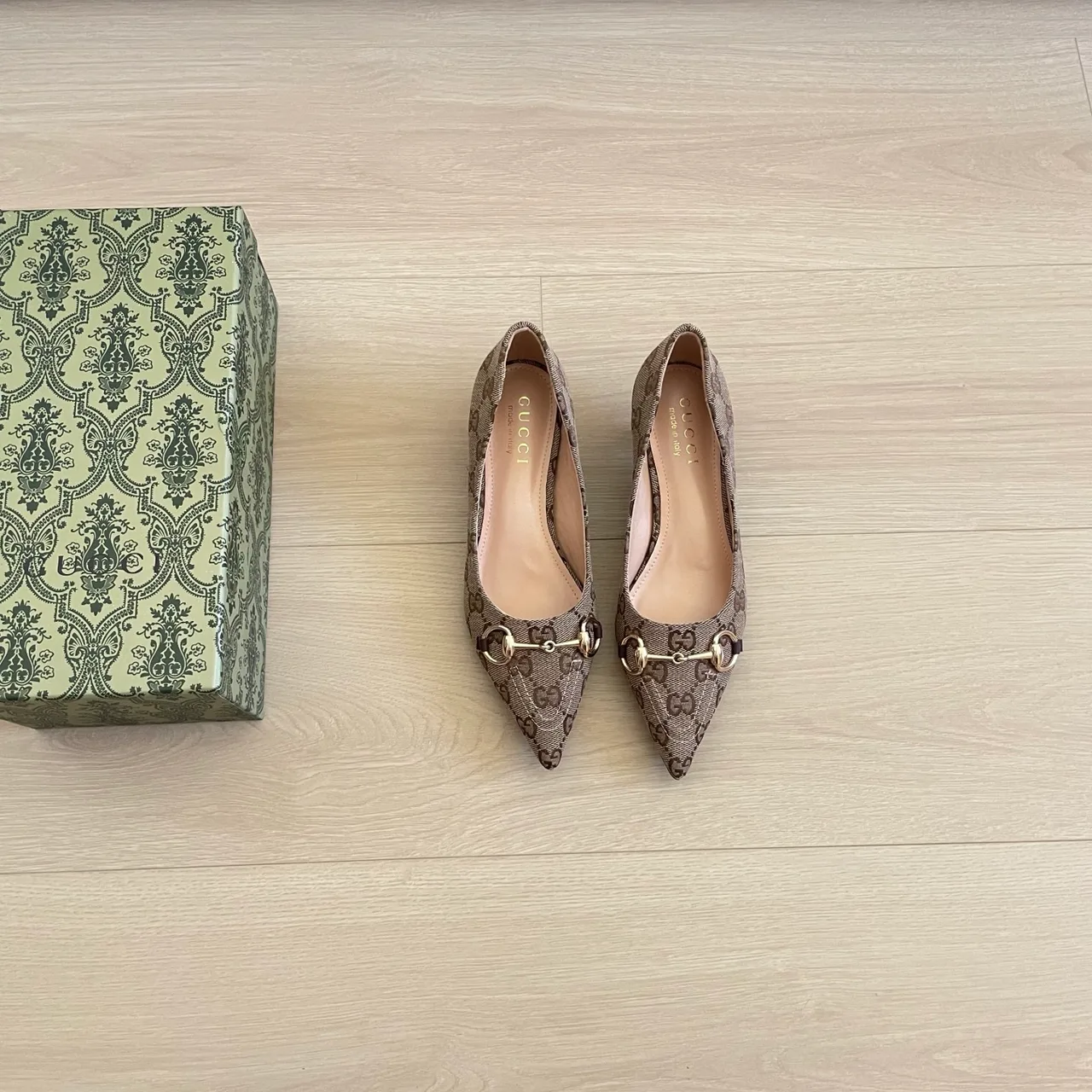 Gucci Canvas Pointed-Toe Monogram Kitten Heel Pumps in Beige · view 1