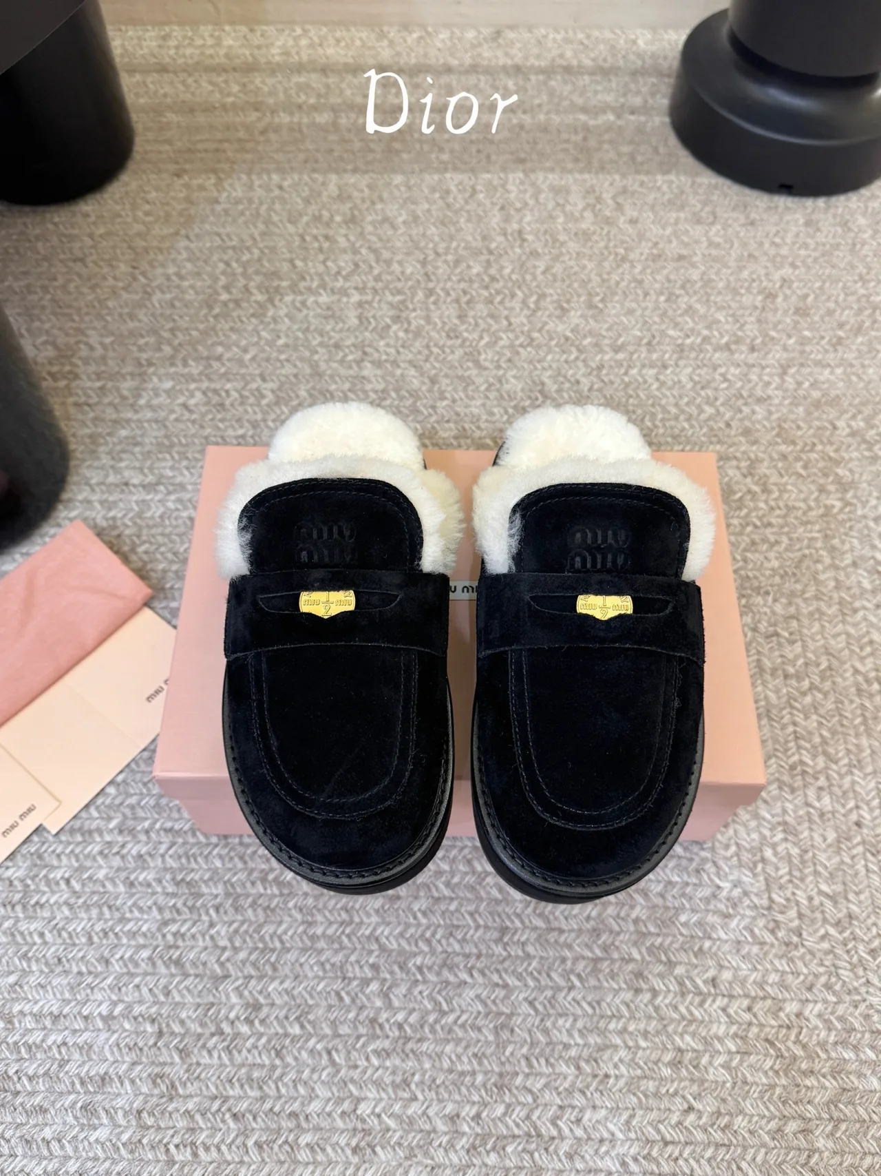 Miu Miu Suede Glossy Lined Loafer Mules in Black · view 1