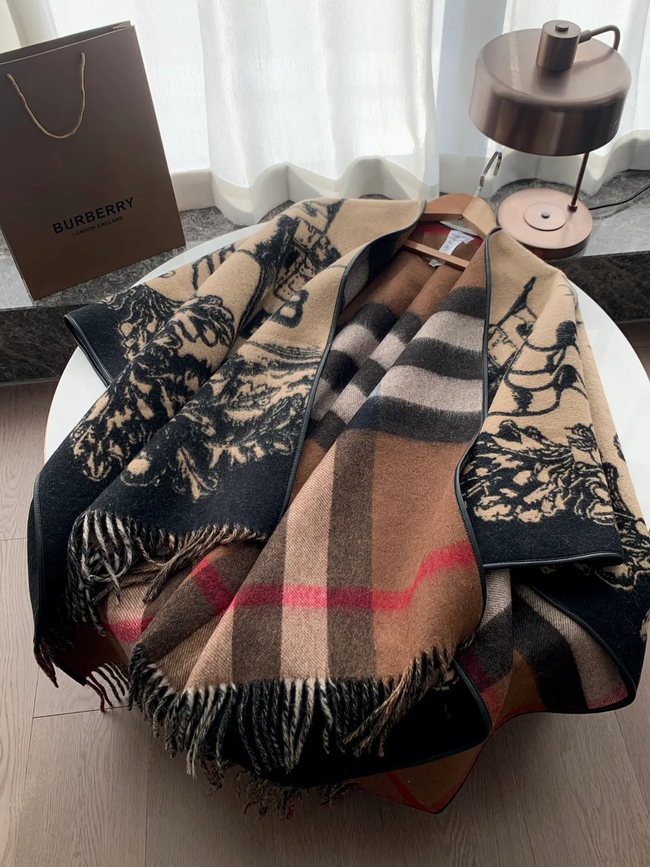 Burberry Wool Cashmere Reversible Check and Equestrian Poncho in Beige · view 3