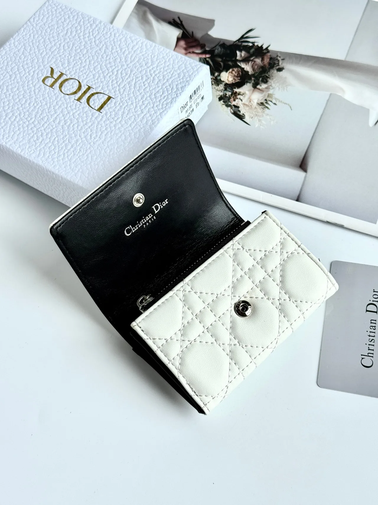 Dior Calfskin Quilted Wallet in White · view 2