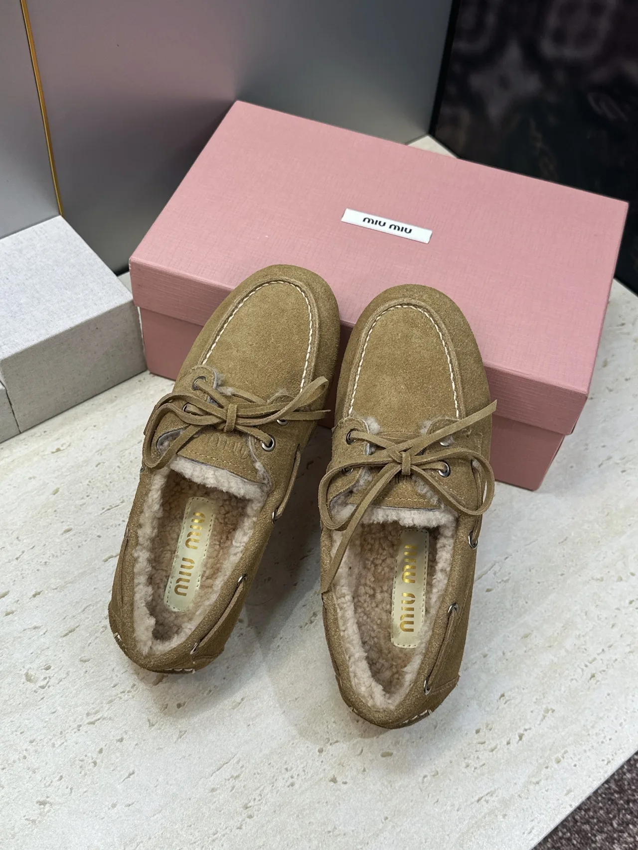 Miu Miu Calfskin Suede-Look Round-Toe Lace-Up Lined Moccasins in Brown · view 1