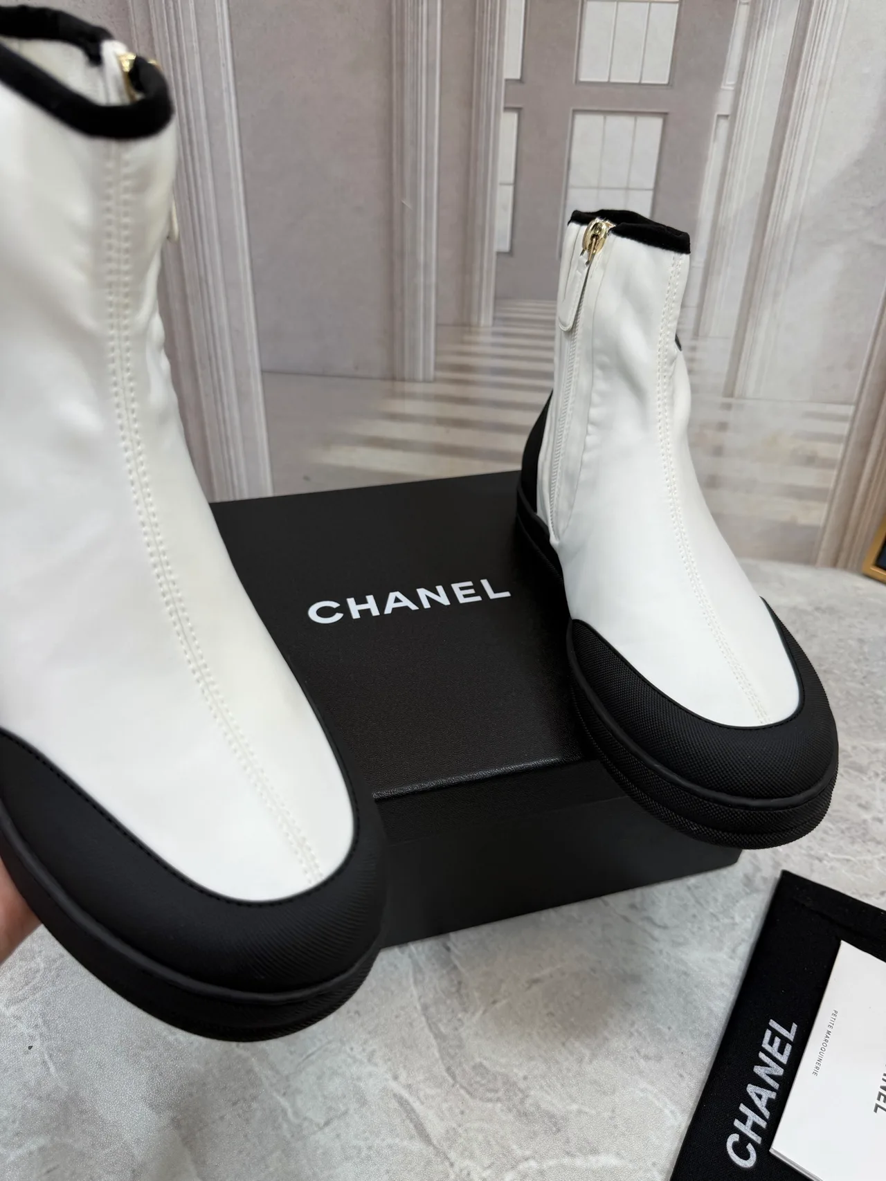 Chanel Cowhide Quilted Glossy Ankle Boots in White · view 6