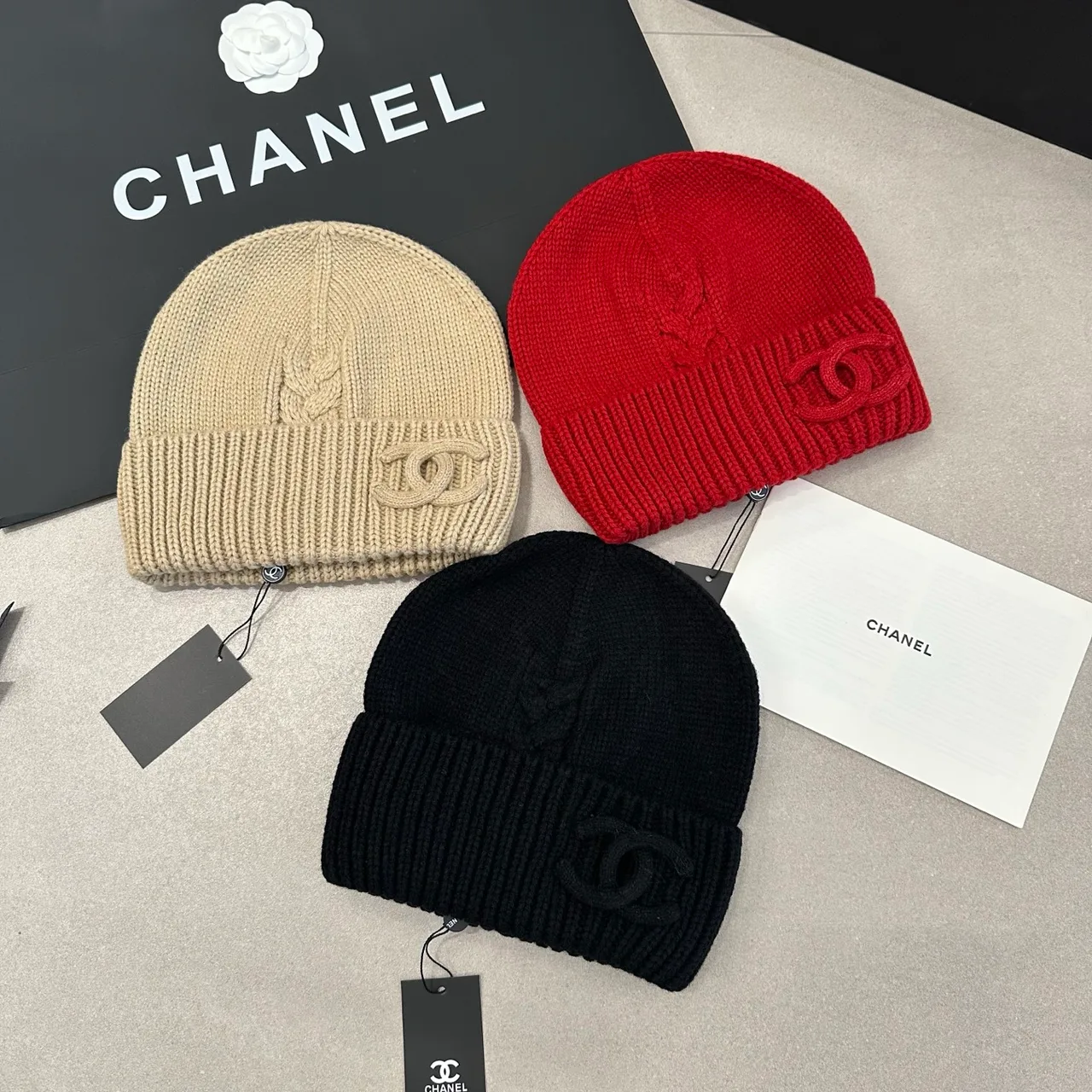 Chanel Beanie in White & Black & Red · view 4