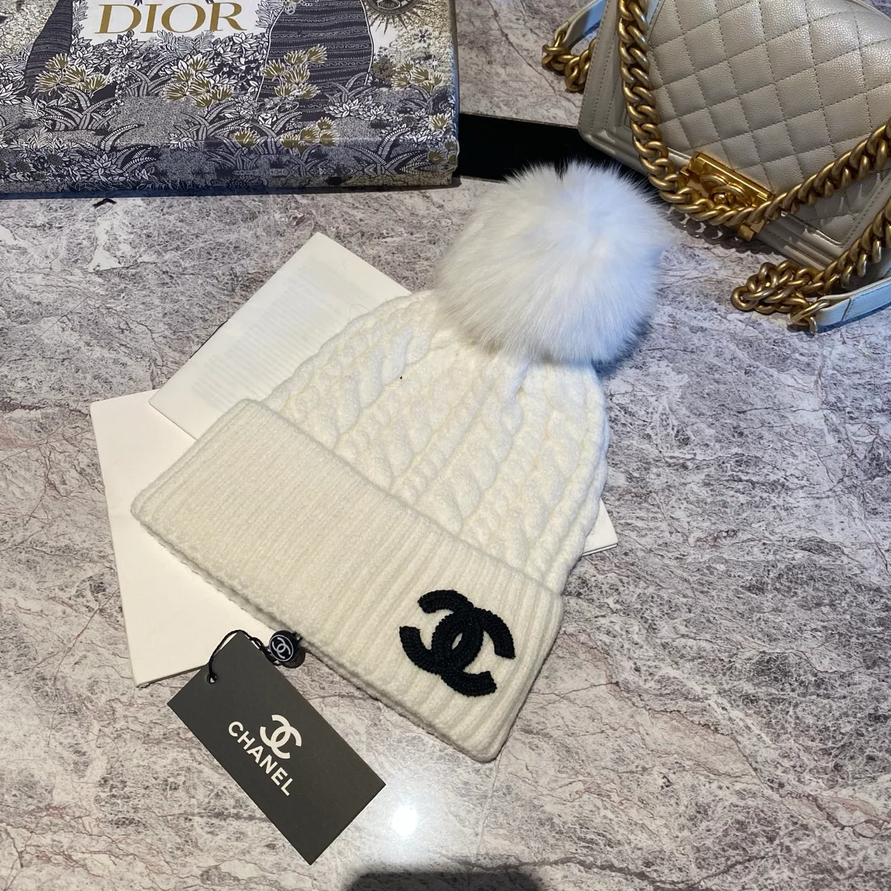 Chanel Pom-Pom Beanie in Black & White & Beige & Brown & Grey · view 2