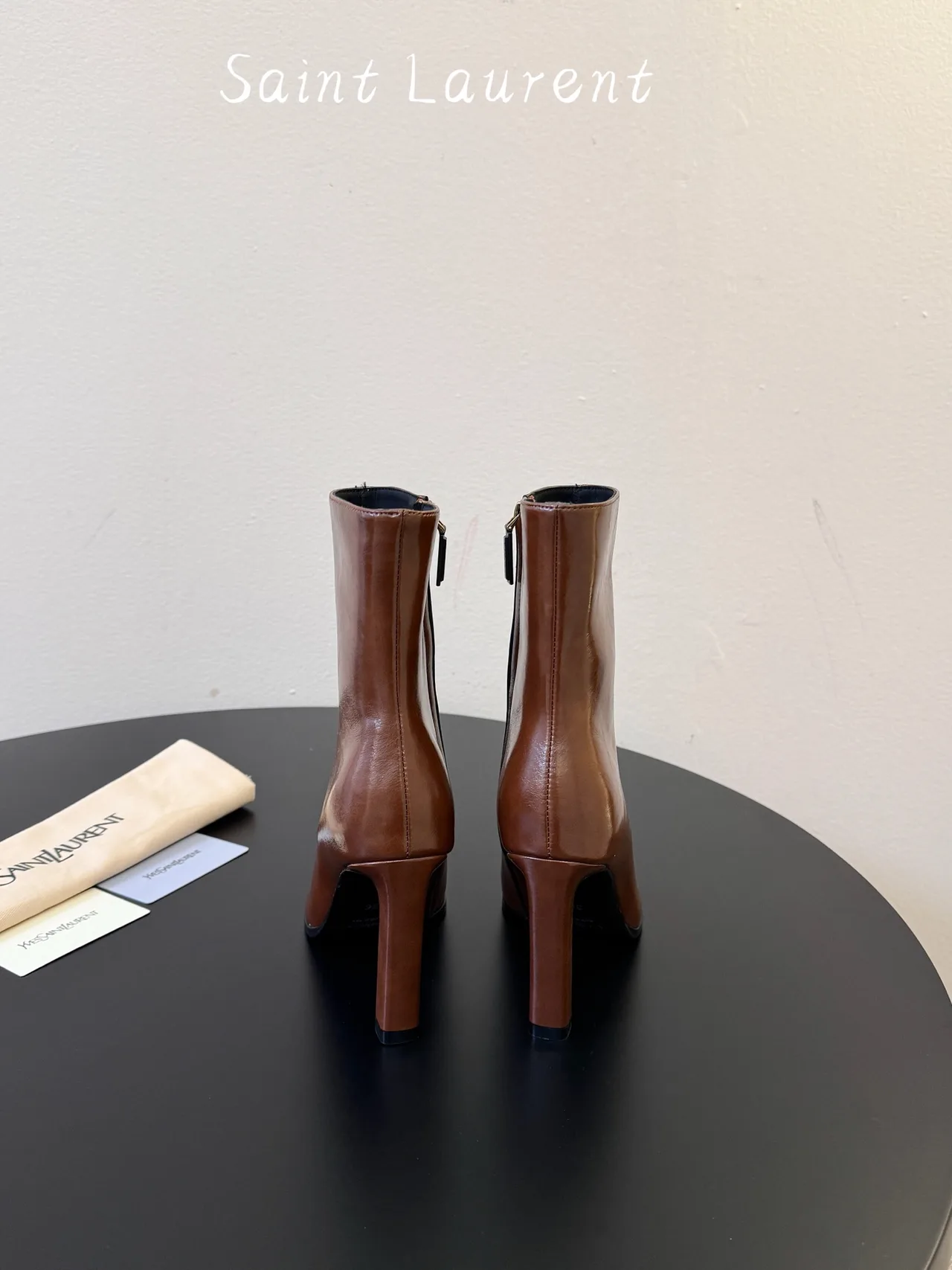 Saint Laurent Glossy Square-Toe Ankle Boots in Brown · view 6