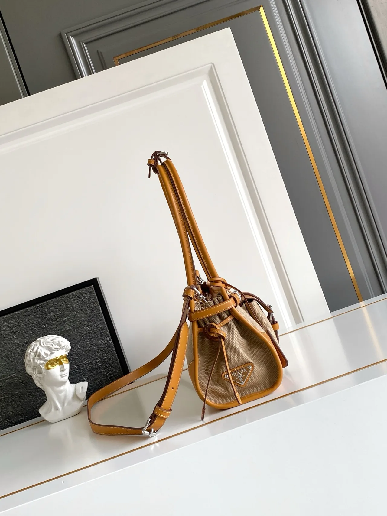 Prada Cowhide Belted Tote in Beige · view 2