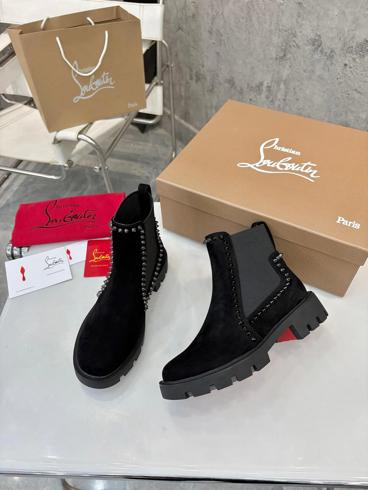 Christian Louboutin Studded Chelsea Boots in Black & Brown & Grey · view 7
