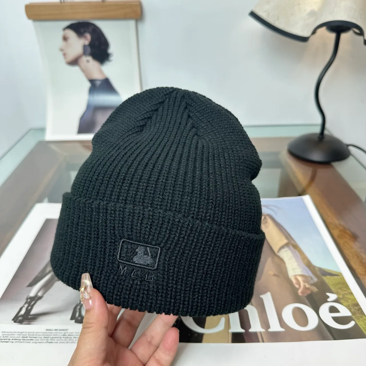 NY Letter Ribbed Beanie in Black · view 7