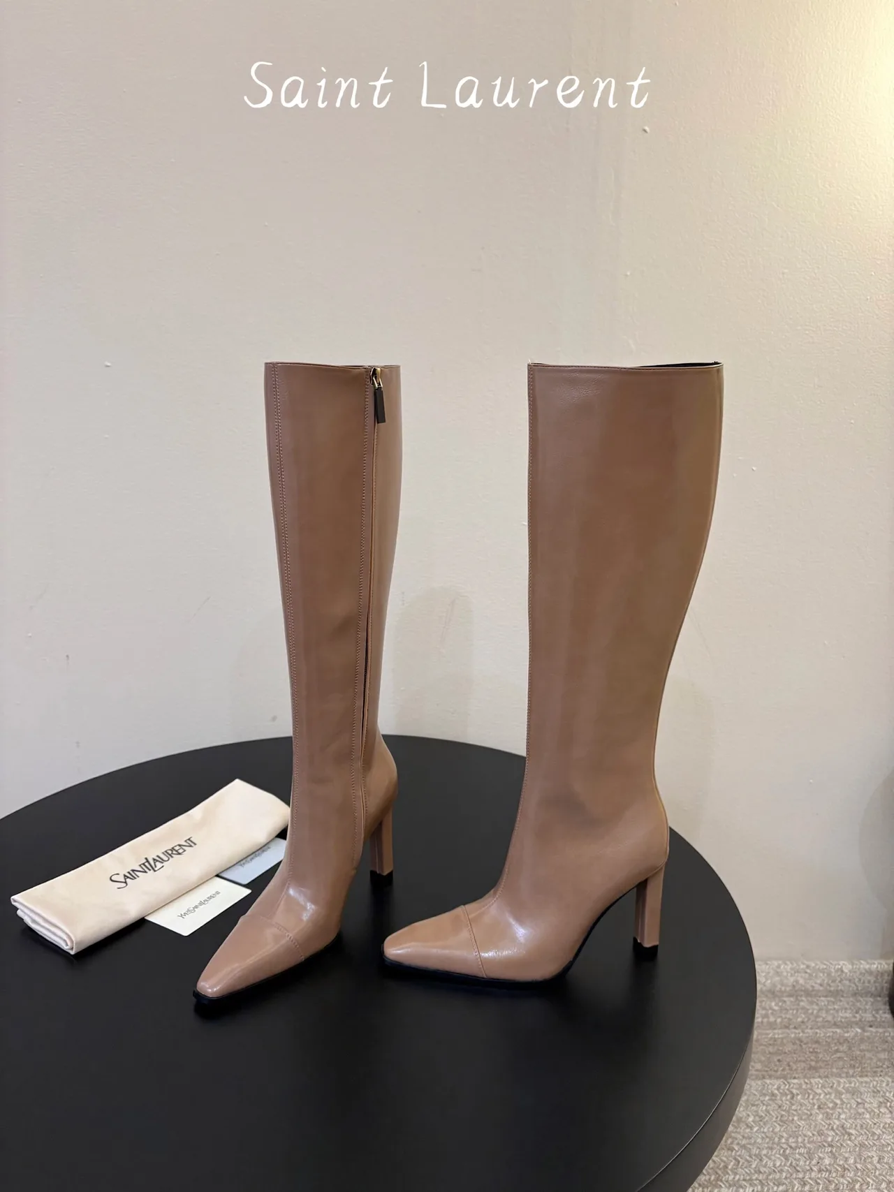 Saint Laurent Cowhide Sheepskin Glossy Pointed-Toe Knee-High Boots in Beige · view 3