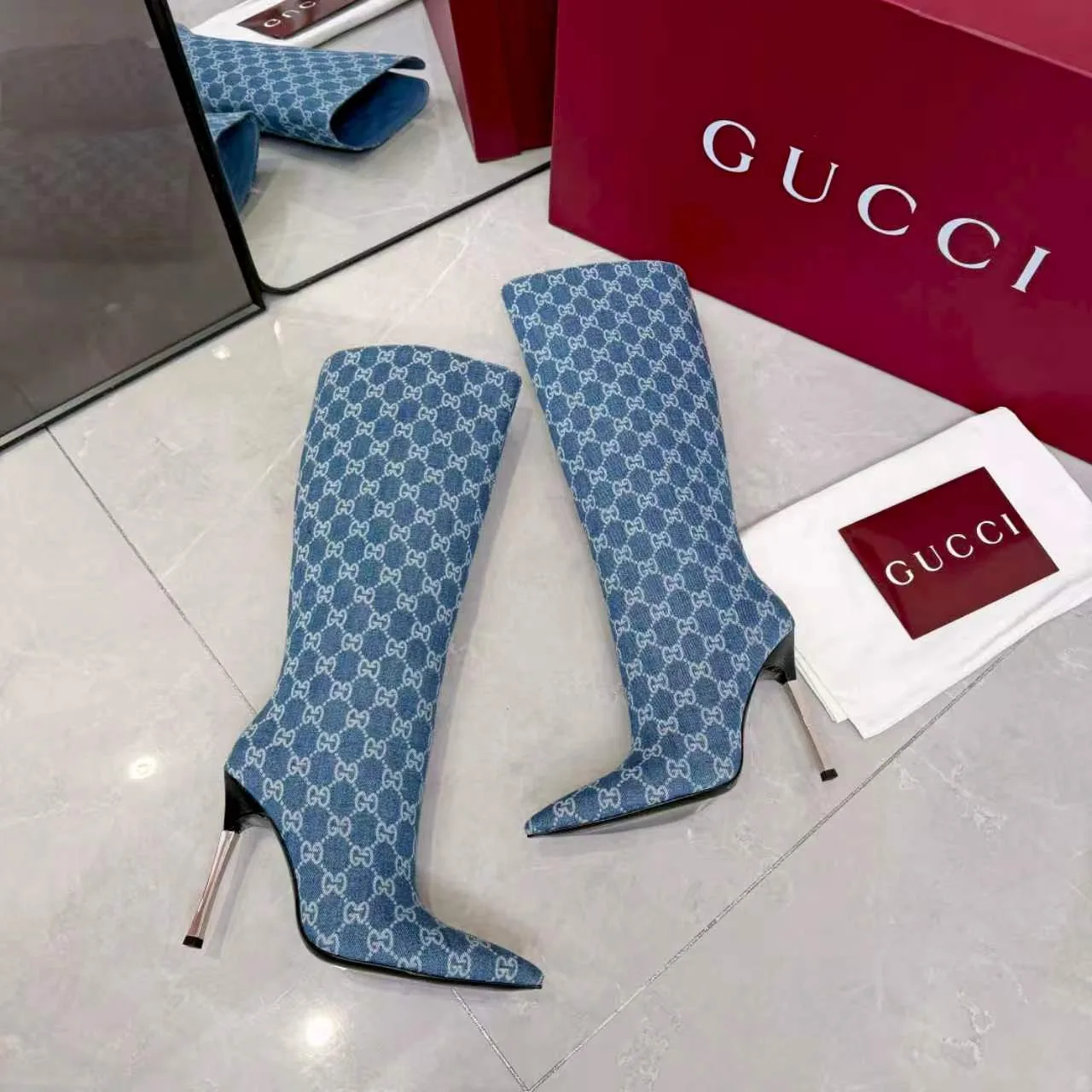 Gucci Cowhide Pointed-Toe Knee-High Boots in Blue · view 2