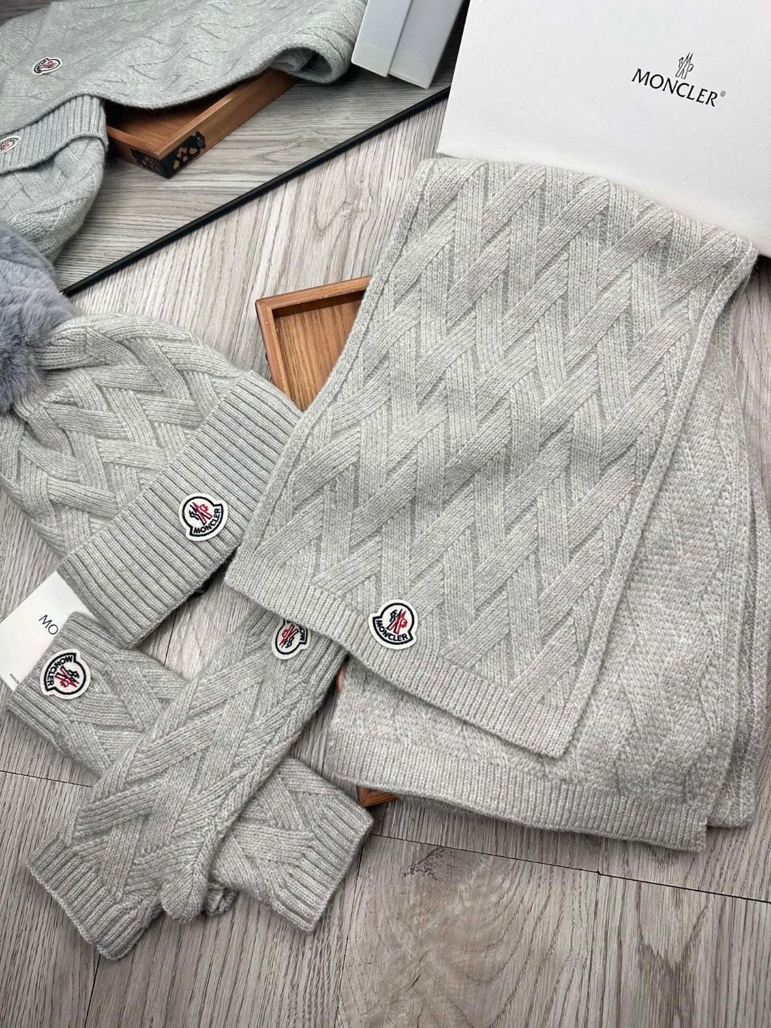 Moncler Wool Smooth Hat Scarf and Gloves Set in Grey · view 5