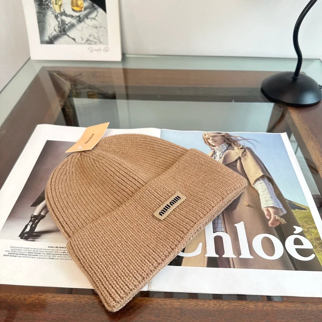 Miu Miu Ribbed Beanie in Tan · view 3