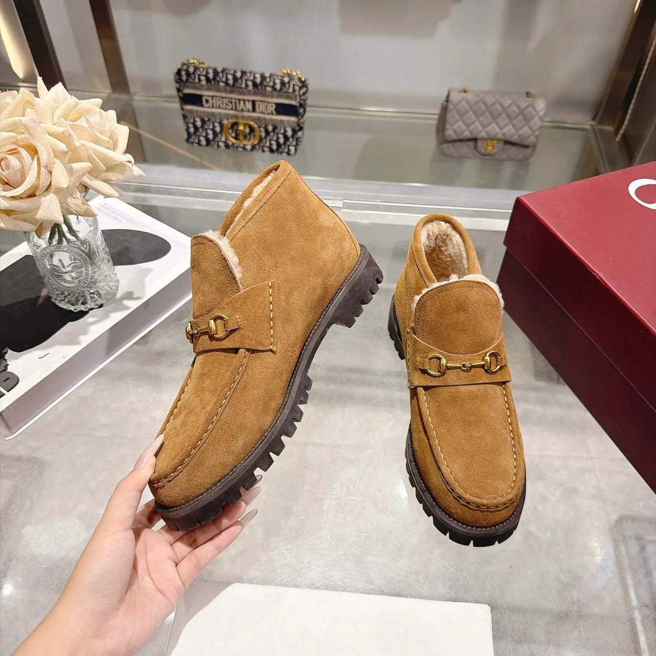 Cowhide Suede-Look Buckle Horsebit Lined Ankle Boots in Brown · view 6