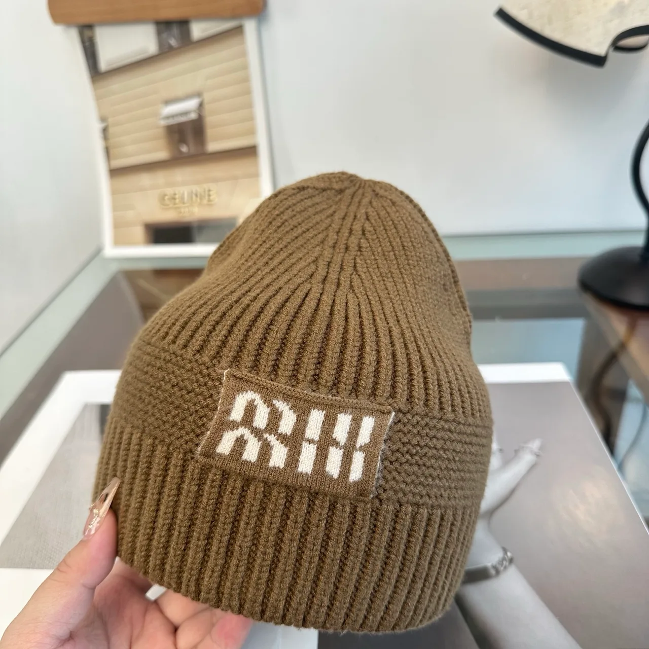 Miu Miu Ribbed Embroidered Knit Beanie in Brown · view 8