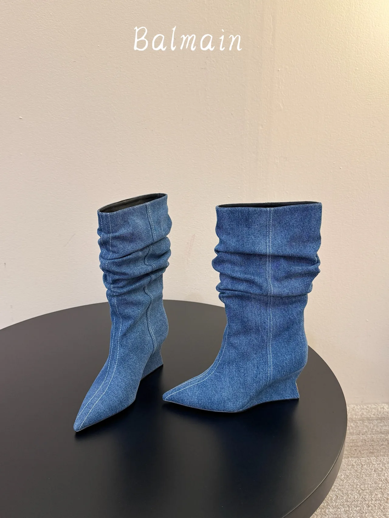 Balmain Denim Ribbed Pointed-Toe Ankle Boots in Blue · view 3