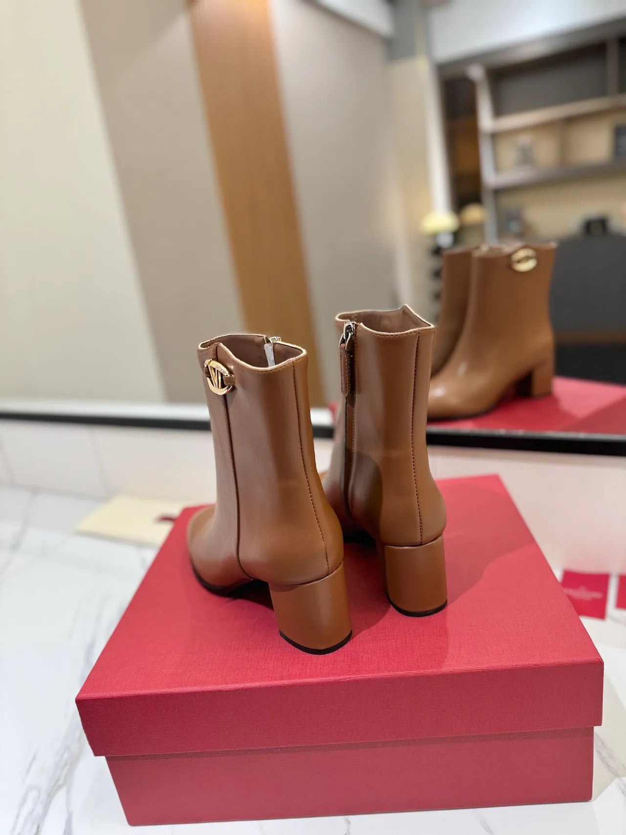 Valentino Calfskin Glossy Round-Toe Ankle Boots in Tan · view 5