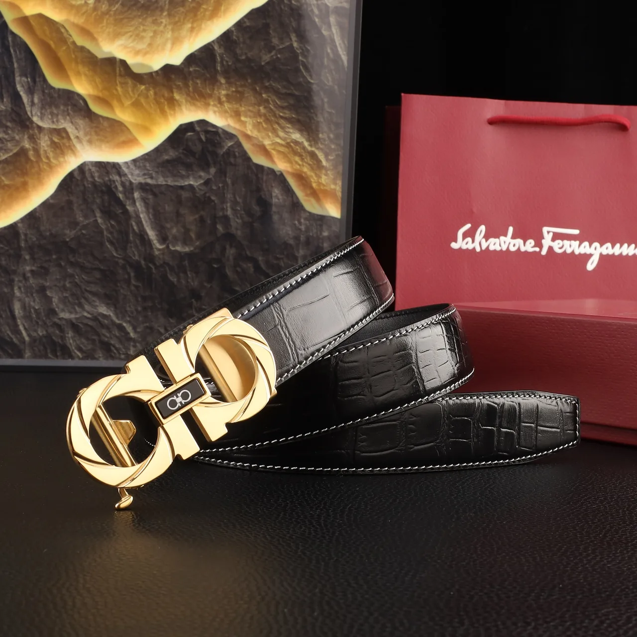 Ferragamo Croc-pattern automatic Gancini belt in Black · view 2