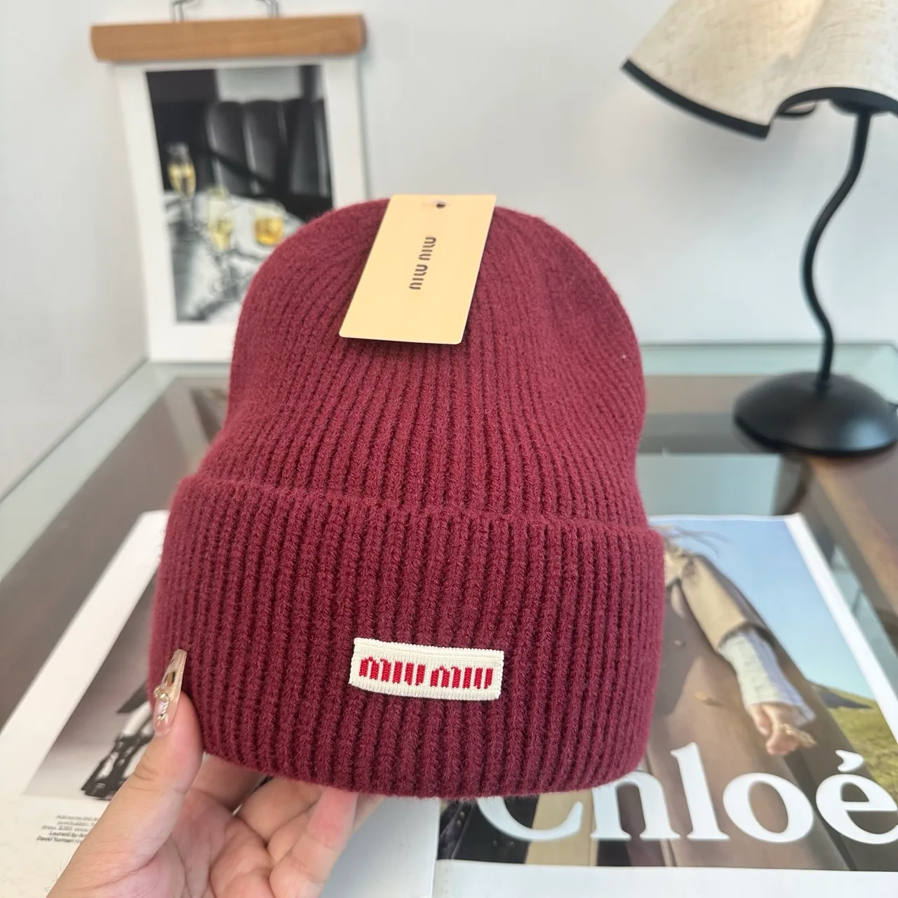 Miu Miu Ribbed Knit Beanie in Burgundy · view 8