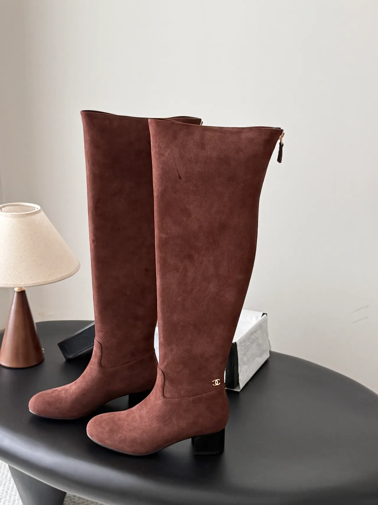 Chanel Sheepskin Suede-Look Knee-High Boots in Brown · view 2