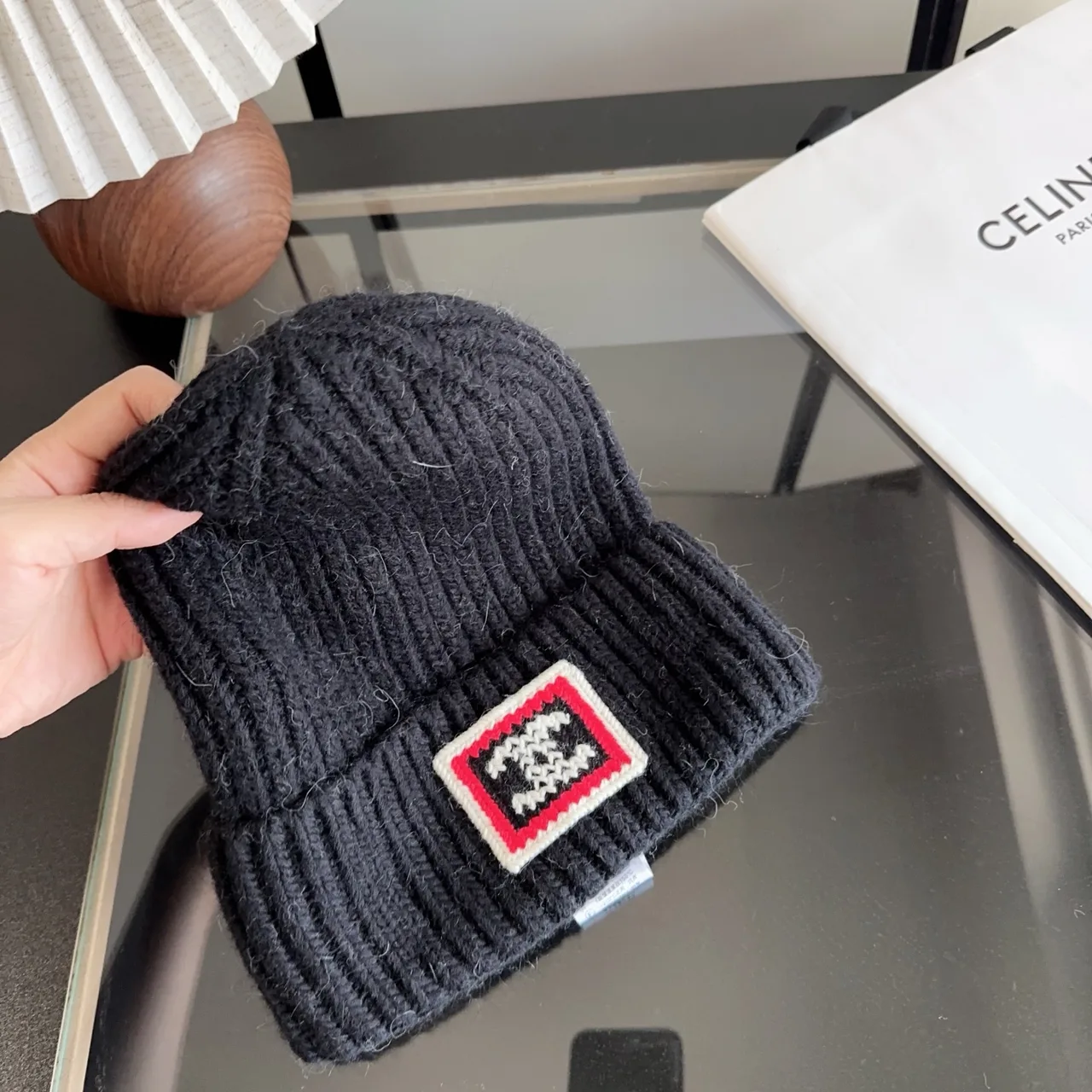 Celine Ribbed Beanie in Black · view 5