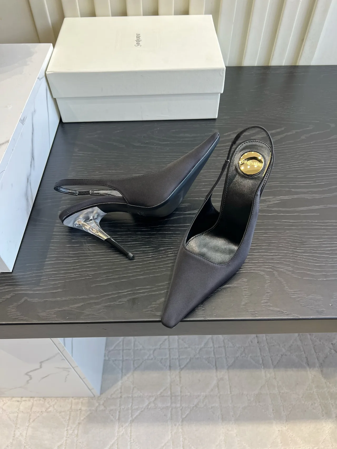 Saint Laurent Cowhide Silk Glossy Pointed-Toe Slingback Shoes in Grey · view 4