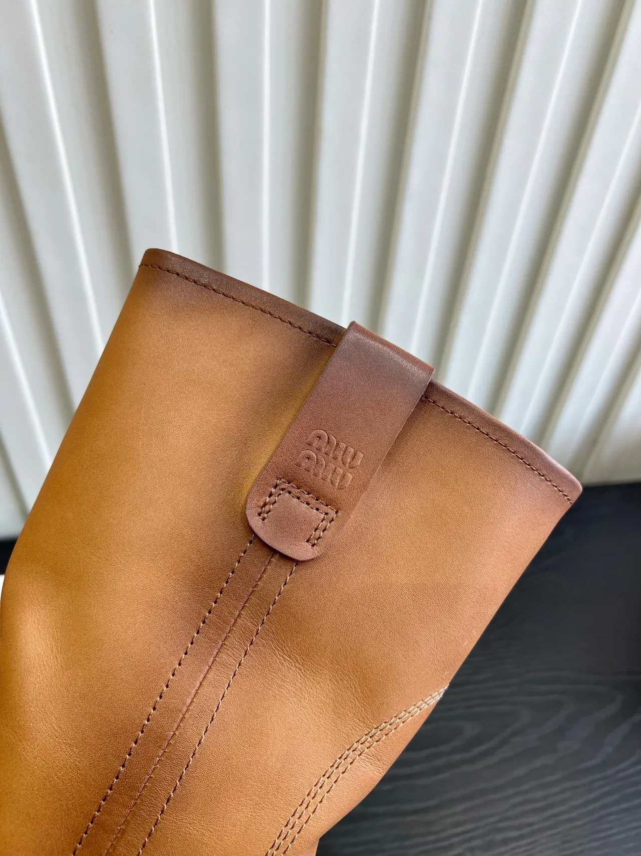 Miu Miu Cowhide Smooth Round-Toe Mid-Calf Boots in Tan · view 7