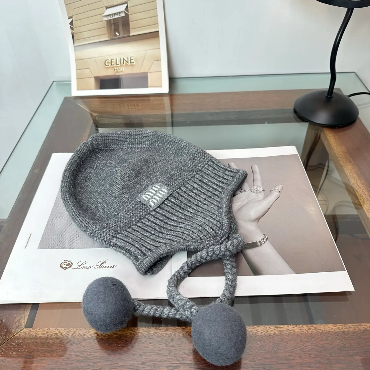 Miu Miu Earflap Beanie in Cream & Grey & Black · view 4