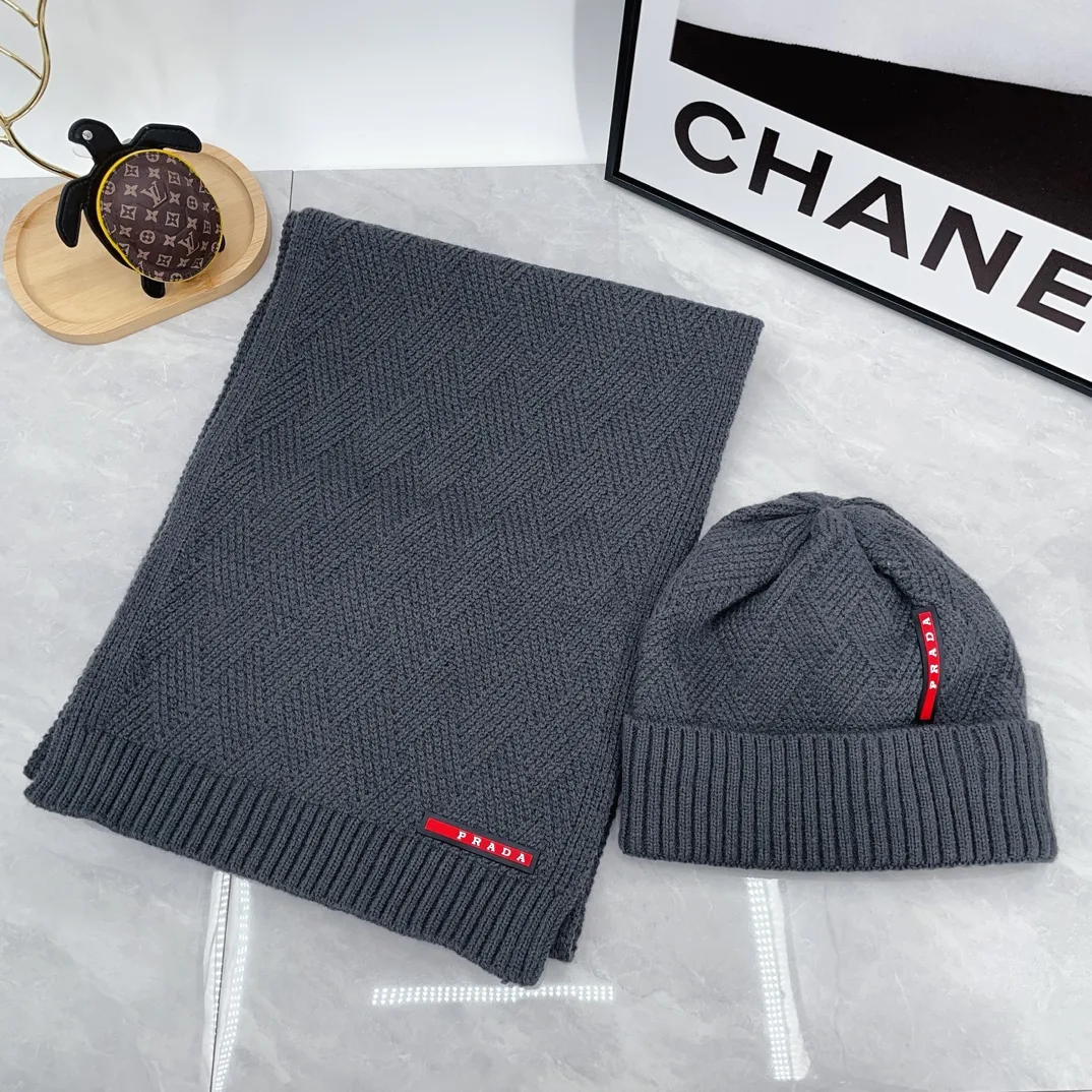 Prada Ribbed Beanie and Scarf Set in Grey · view 4