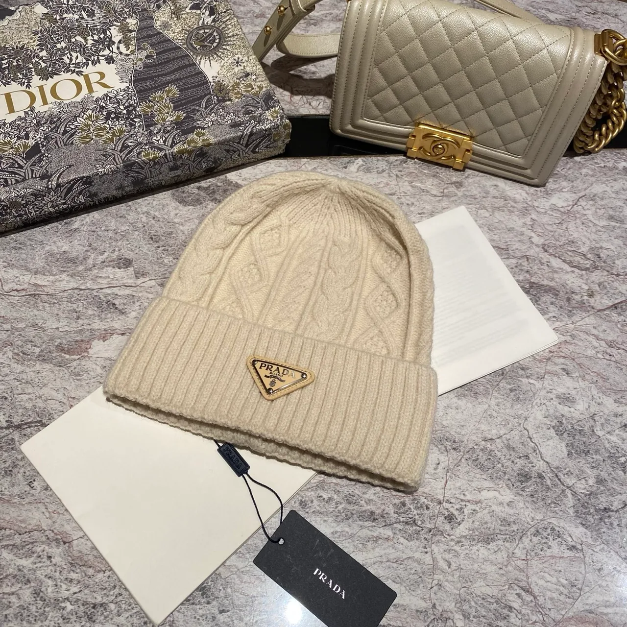 Prada Cable-Knit Beanie in Grey / Black / White / Tan / Cream · view 5