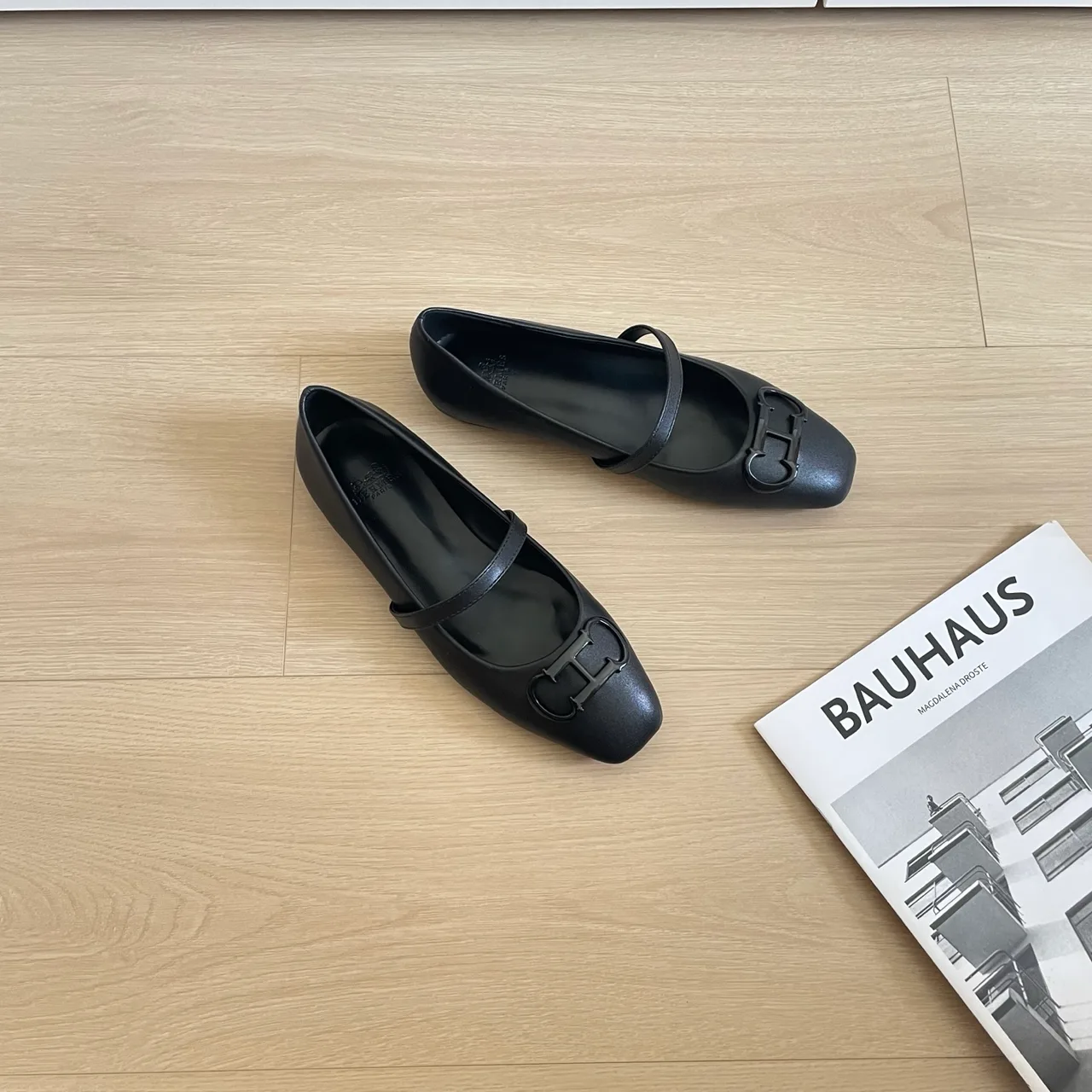 Hermes Leather Glossy Square-Toe Mary Jane Flats in Black · view 4