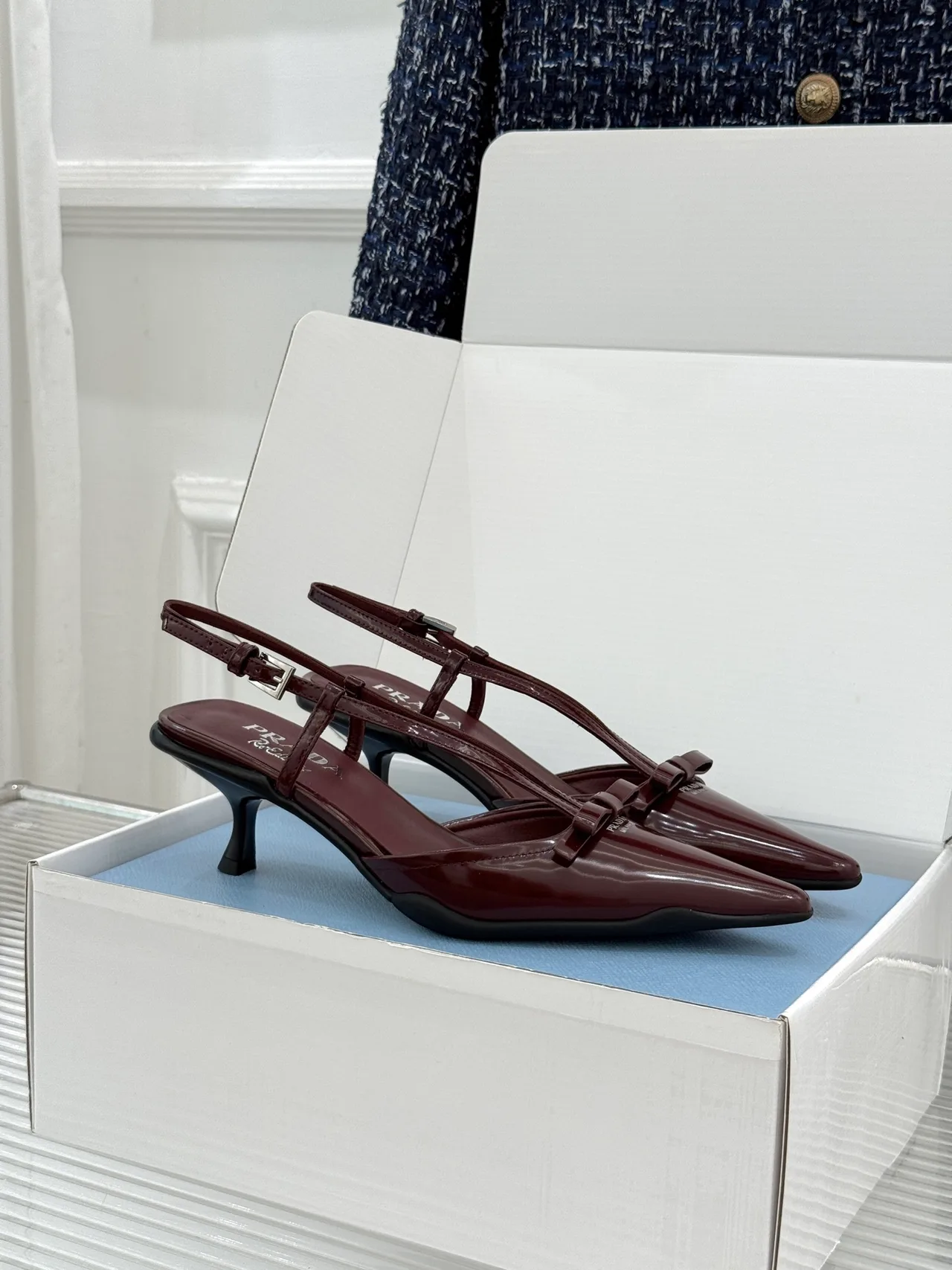 Prada Lambskin Pointed Slingback Pumps in Burgundy · view 2